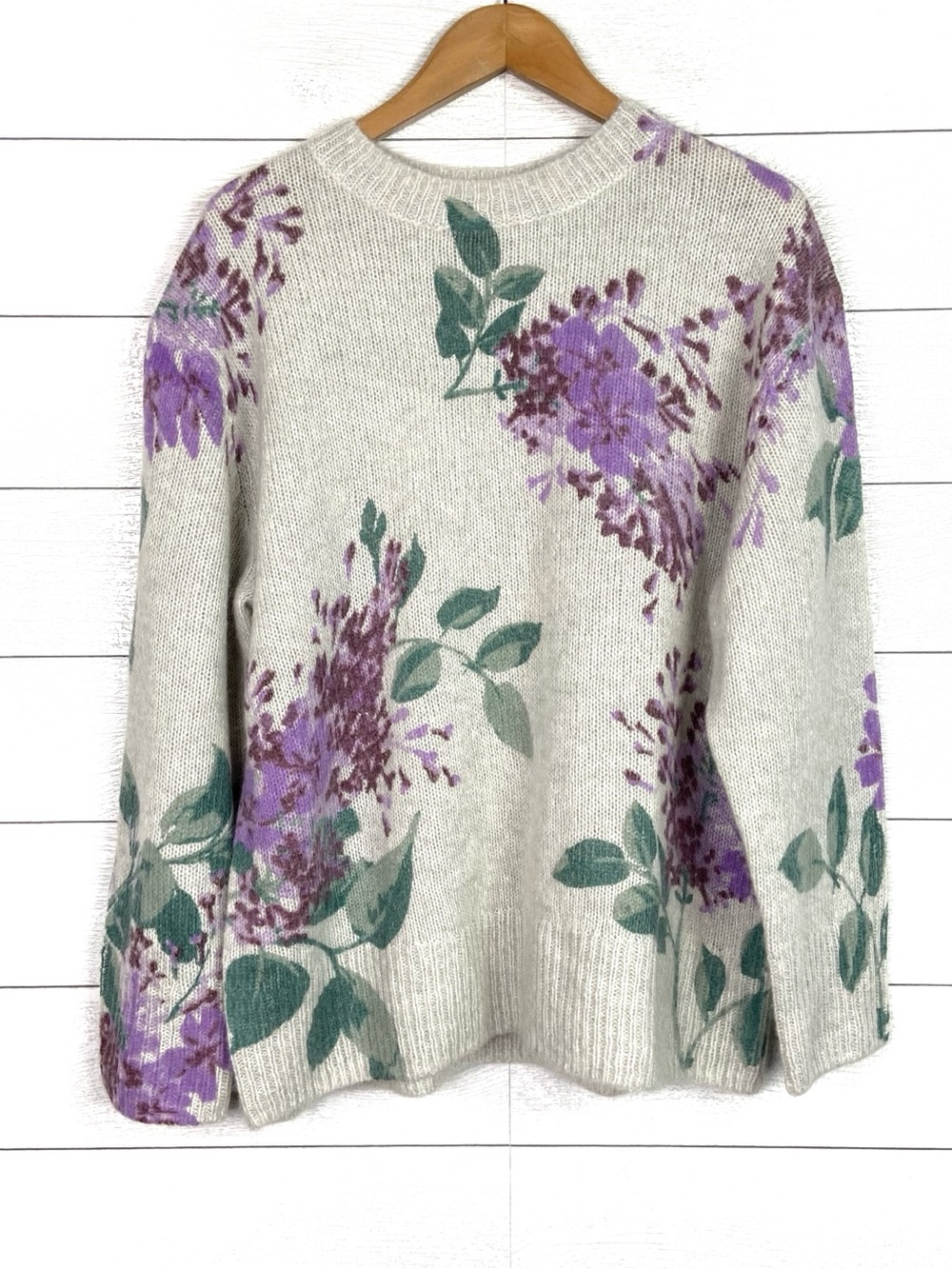 VINCE Alpaca Mohair Wool Lilac Floral Print Sweater Jumper Gray Purple 1X